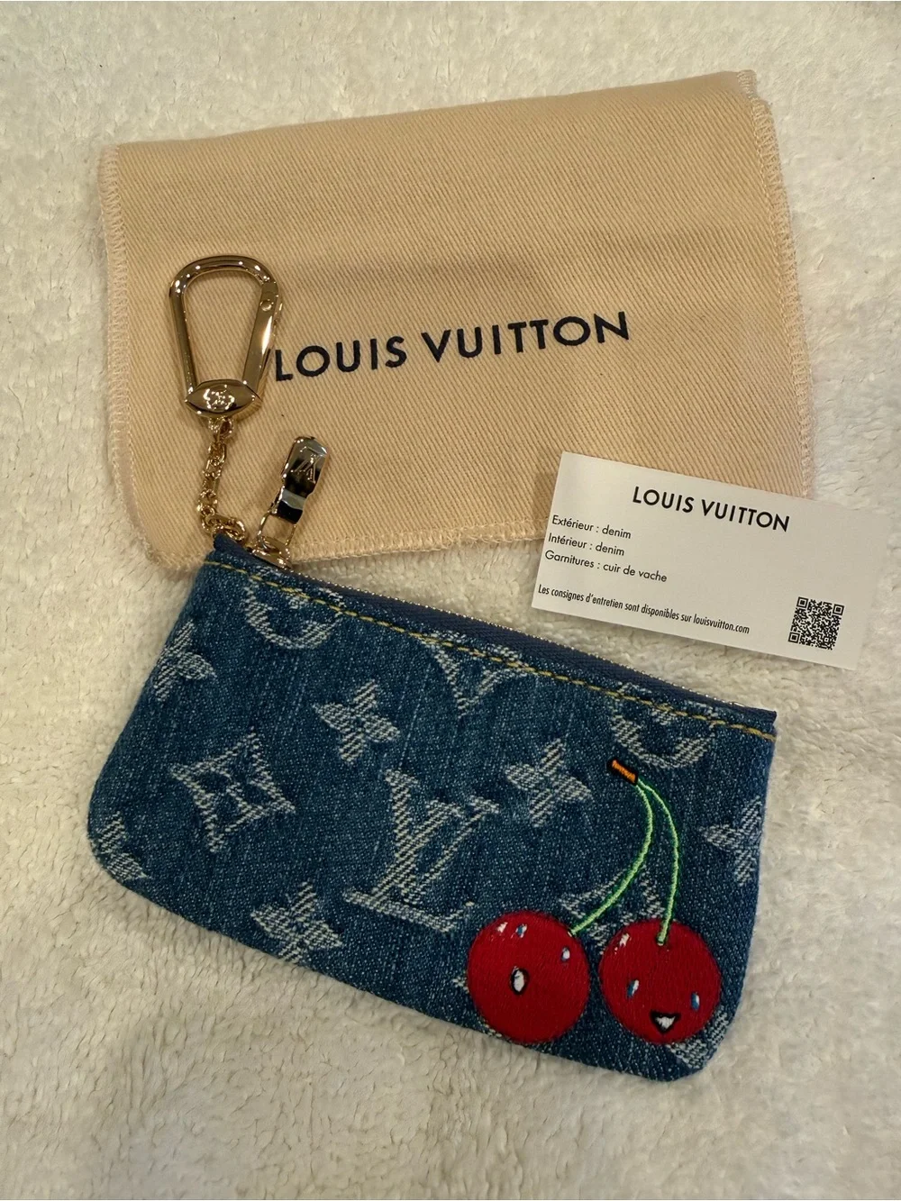 Louis Vuitton Denim Monogram Mini Pouch in Blue with Red Cherry Embroidery
